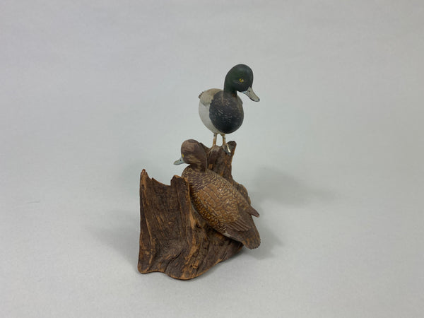 Peter Moros Pair of Miniature Bluebills on Tree Limb (#6345)