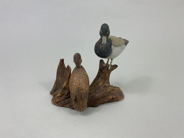 Peter Moros Pair of Miniature Bluebills on Tree Limb (#6345)