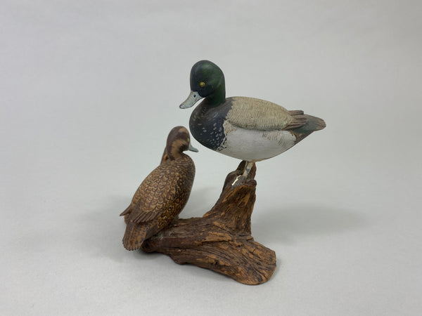 Peter Moros Pair of Miniature Bluebills on Tree Limb (#6345)