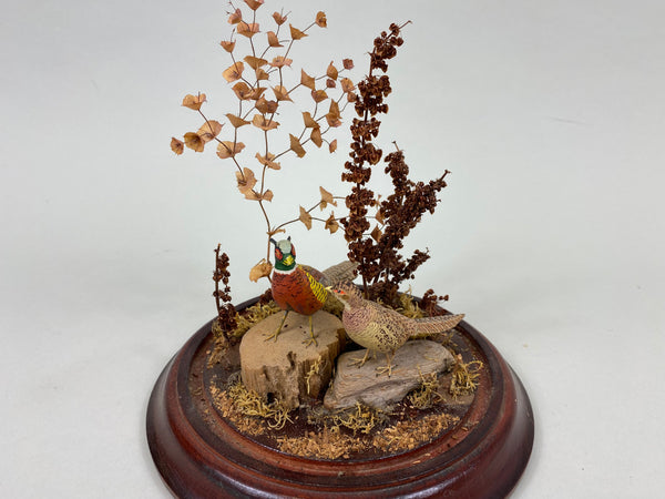 Miniature Carved Pair of Pheasants under Glass Display (#7741)