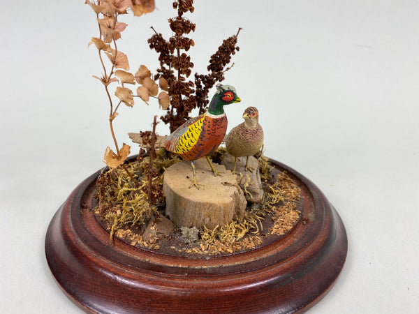Miniature Carved Pair of Pheasants under Glass Display (#7741)