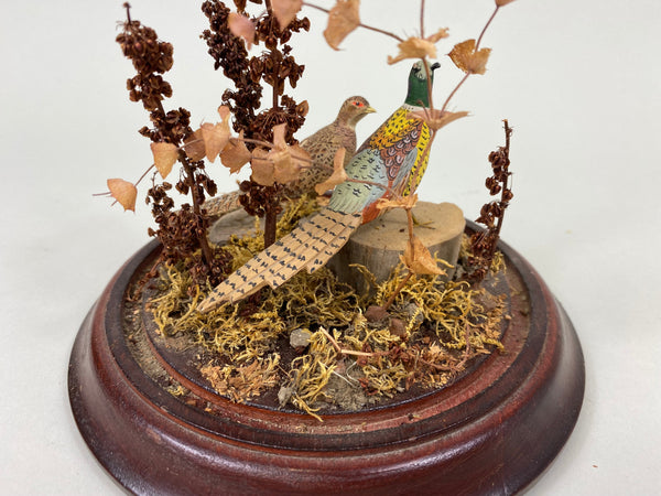 Miniature Carved Pair of Pheasants under Glass Display (#7741)
