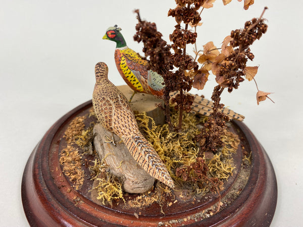 Miniature Carved Pair of Pheasants under Glass Display (#7741)
