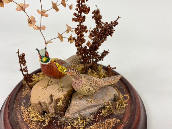 Miniature Carved Pair of Pheasants under Glass Display (#7741)