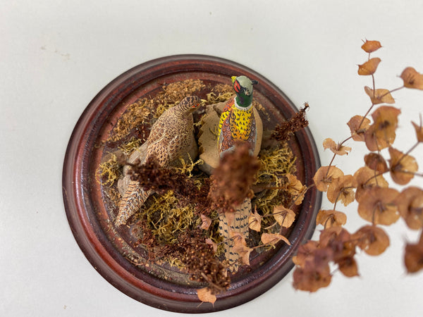 Miniature Carved Pair of Pheasants under Glass Display (#7741)