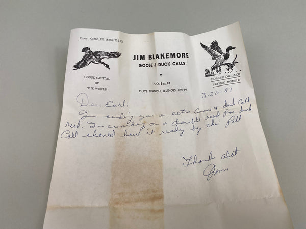 Jim Blakemore Duck Call in Box WIth Letter & Paperwork (#B41)