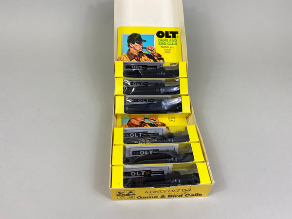 Lot of 6 PS Olt D-2 Duck Calls, Gold Letters, Display Case, Original Boxes, Near Mint (#M25)