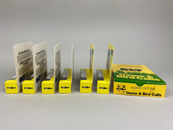Lot of 6 PS Olt D-2 Duck Calls, Gold Letters, Display Case, Original Boxes, Near Mint (#M25)