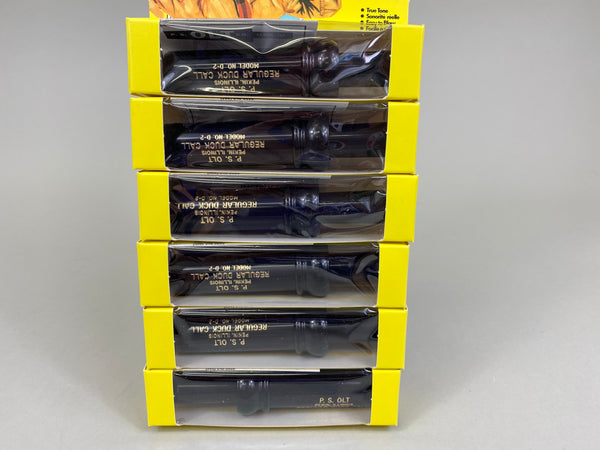 Lot of 6 PS Olt D-2 Duck Calls, Gold Letters, Display Case, Original Boxes, Near Mint (#M25)