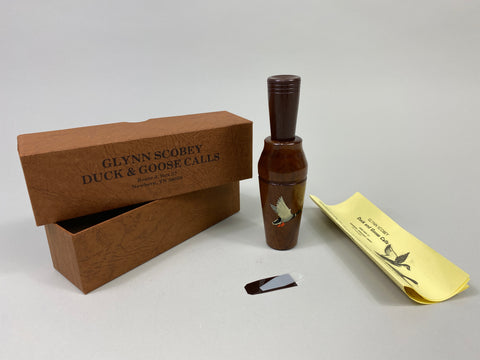 Glynn Scobey Duck Call with Painted Flying Mallard, box and paperwork (#P222)