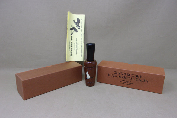 Glynn Scobey Duck Call with Painted Flying Mallard, box and paperwork (#V97)