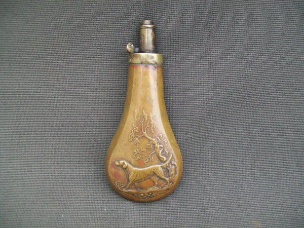 Antique Brass Powder Flask with Embossed Hunting Scene