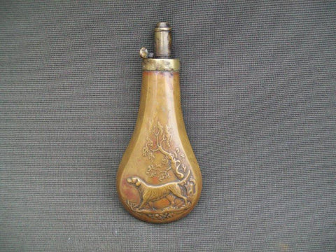 Antique Brass Powder Flask with Embossed Hunting Scene