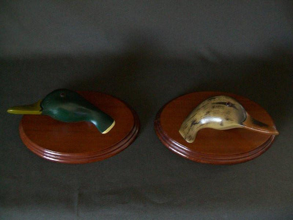 Pair of Handcarved Wooden Mallard Heads on Plaque by John Sharon