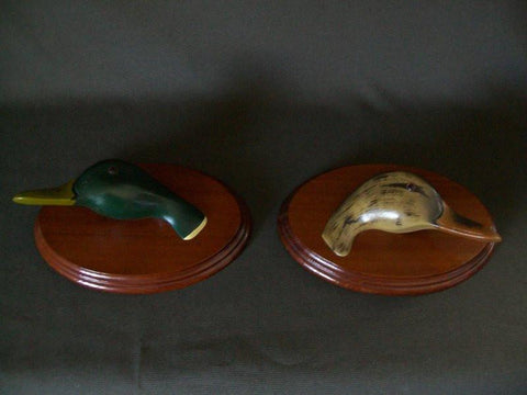 Pair of Handcarved Wooden Mallard Heads on Plaque by John Sharon