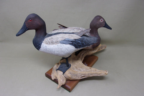 Bud Hinck Canvasback Pair on Driftwood and Base (#3804)