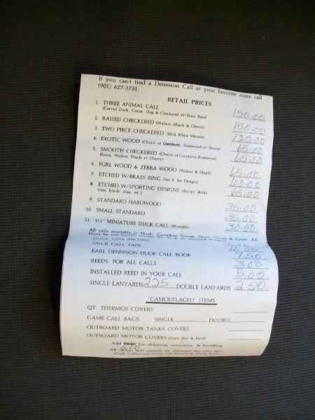 Earl Dennison Duck Call in box with paperwork