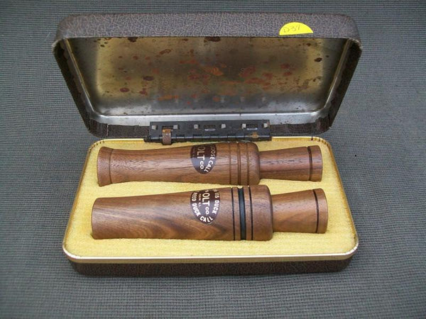 PS Olt Goose & Duck Call in Original Display Case.  Model 800 Goose Call, DR-115 Double Reed Duck Call