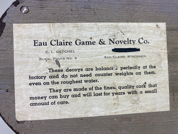 Eau Claire Game & Novelty Co. Mallard Drake- Near Mint (#6115)