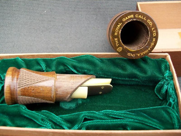 Royal Checkered Duck Call in Wooden Display Case with Original Paperwork.