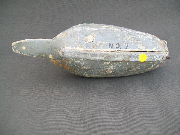 Very old Illinois River High Head Pintail, original and hunter repaint with weight and rigging hook