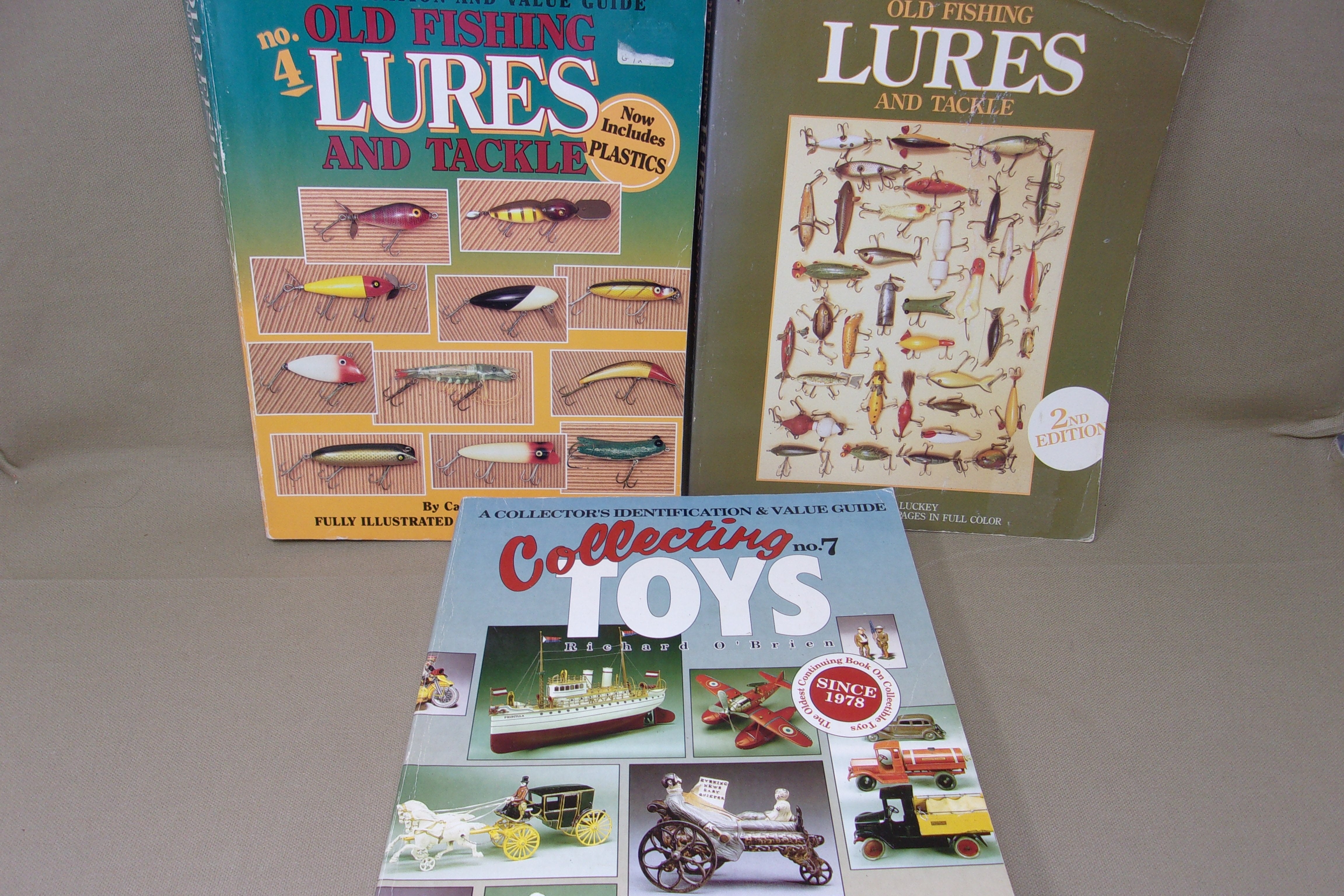 Lot of 3 Books- Old Fishing Lures (2), and Collecting Toys - Muddy